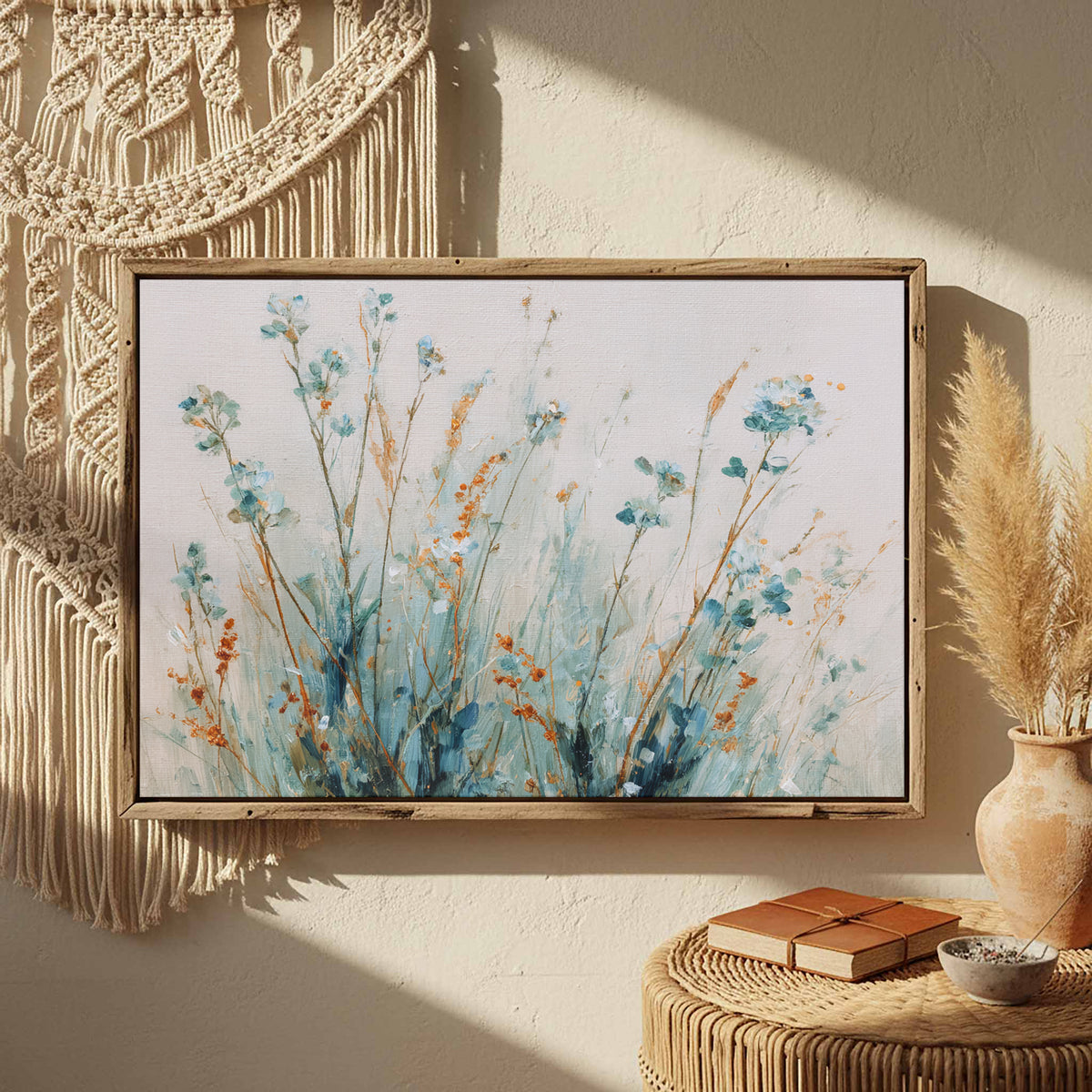 Abstract Botanical Wall Art – canvas print shown framed in a styled room