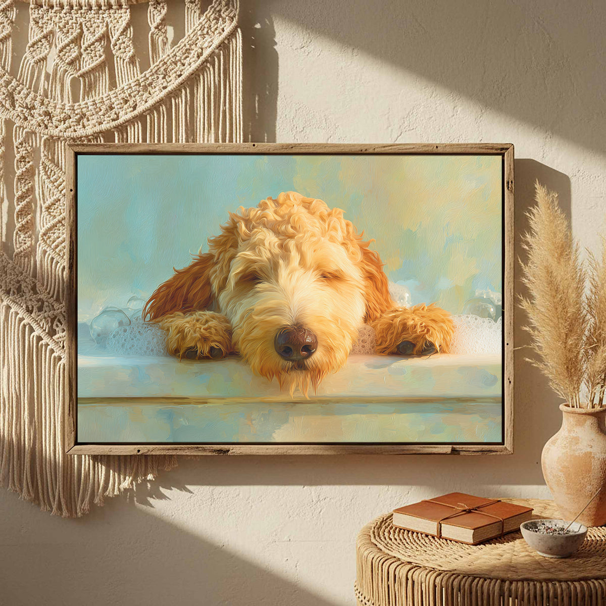 Goldendoodle Bath Time Canvas Print – styled room view 4