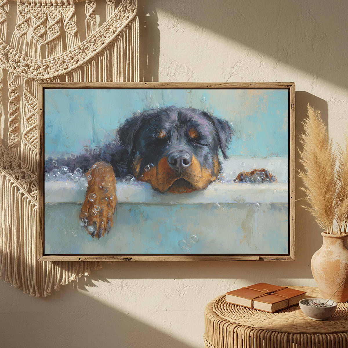 Rottweiler Bath Time Art Print – styled room view 3