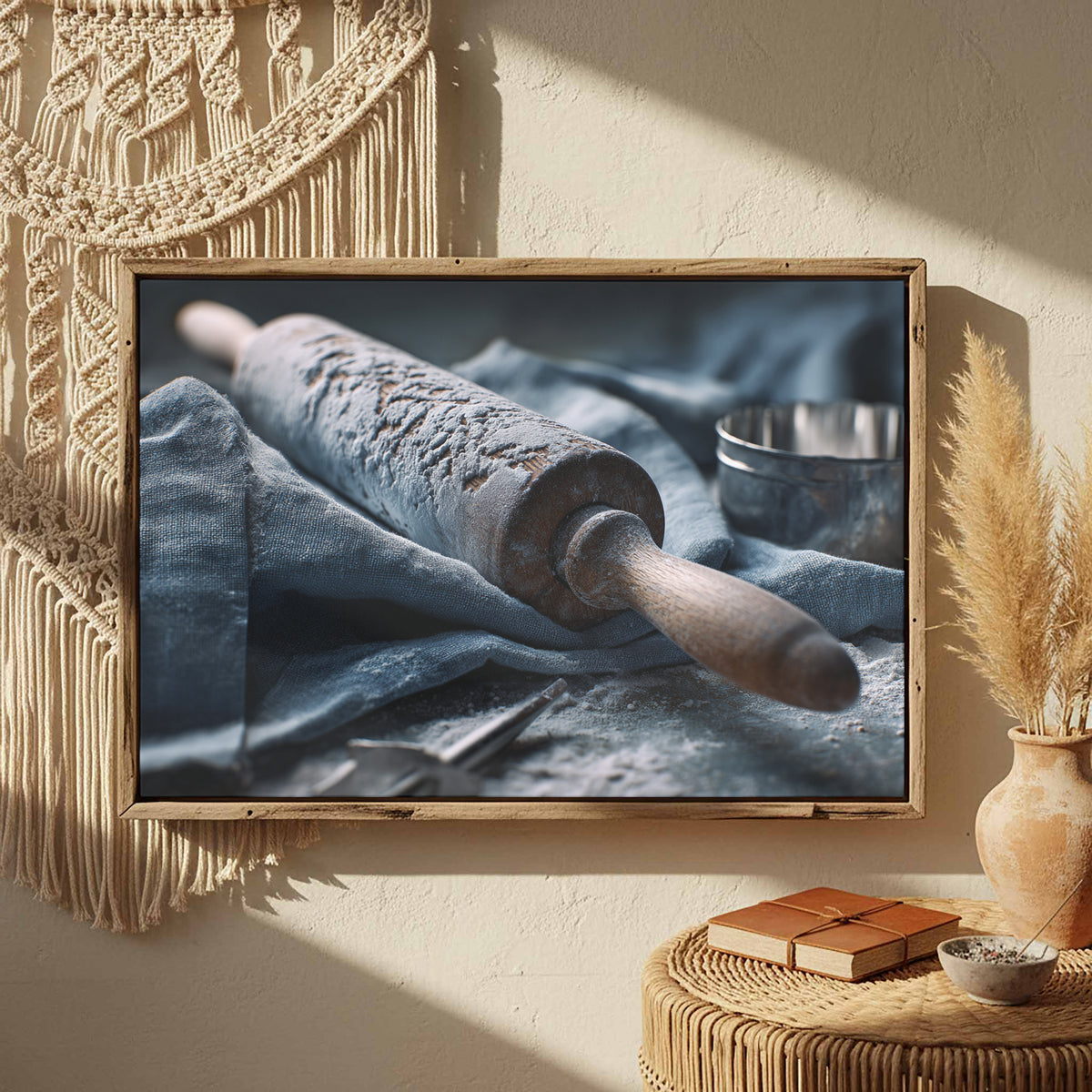 Rustic Kitchen Rolling Pin Canvas Art – styled room view 4