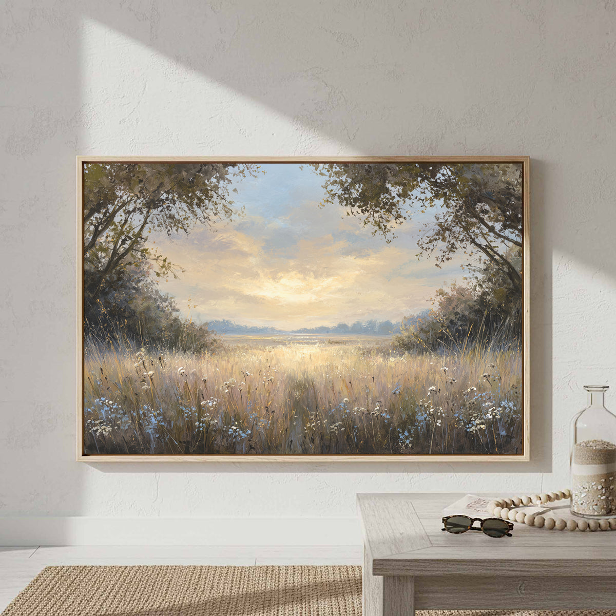Sunlit Meadow Landscape Canvas Wall Art – styled room view 4