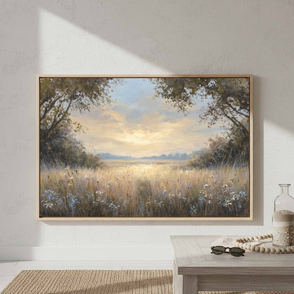 Sunlit Meadow Landscape Canvas Wall Art – styled room view 4