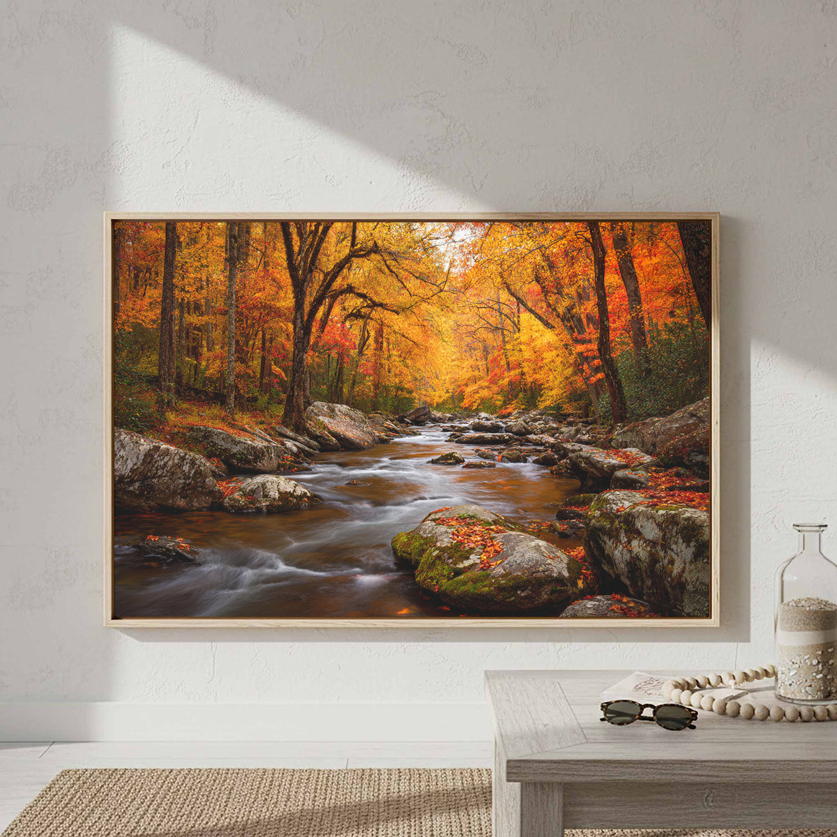 Autumn Forest Stream Canvas Wall Art – styled room view 5