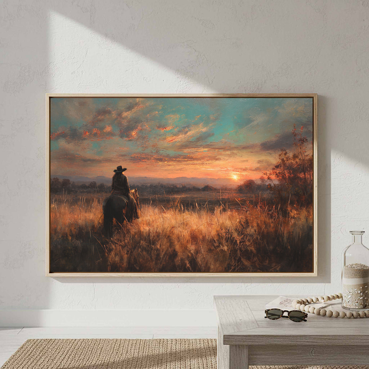 Western Cowboy Sunset Canvas Wall Art – styled room view 4