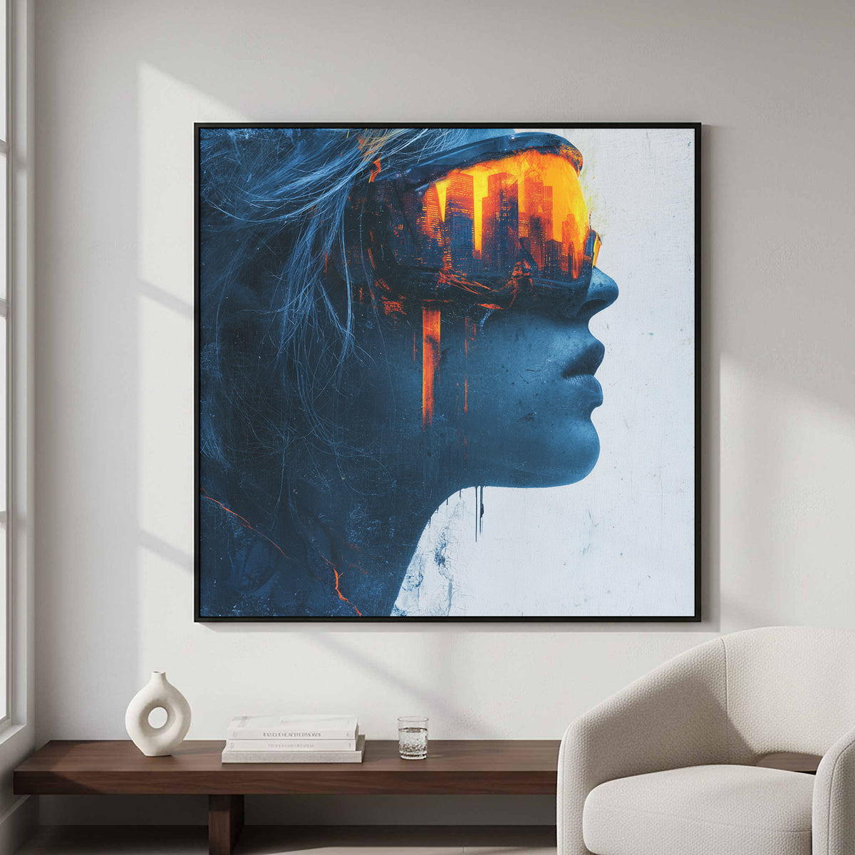 Futuristic Woman Portrait Canvas – styled room view 2