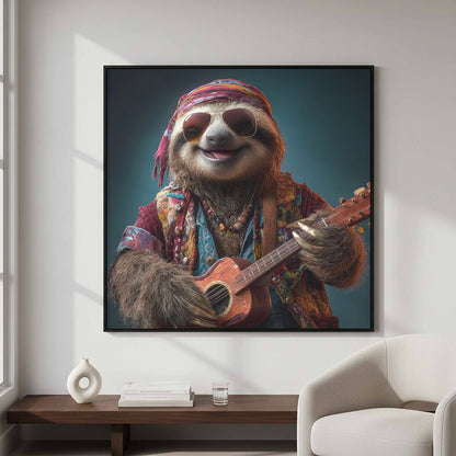 Hippie Sloth Guitar Canvas Art – styled room view 4