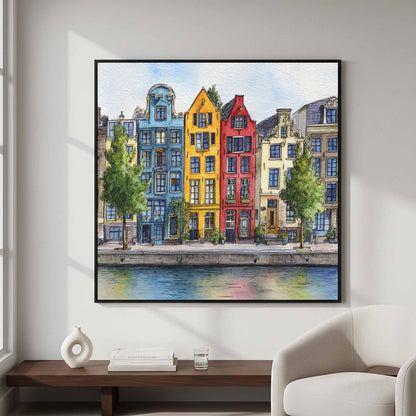 Amsterdam Canal Houses Watercolor Print – styled room view 3