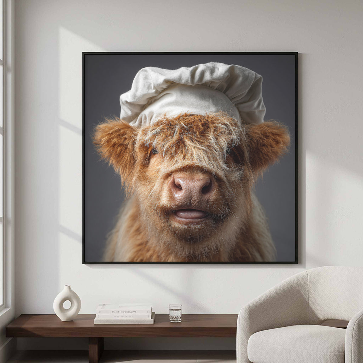 Highland Cow Chef Canvas Print – styled room view 5
