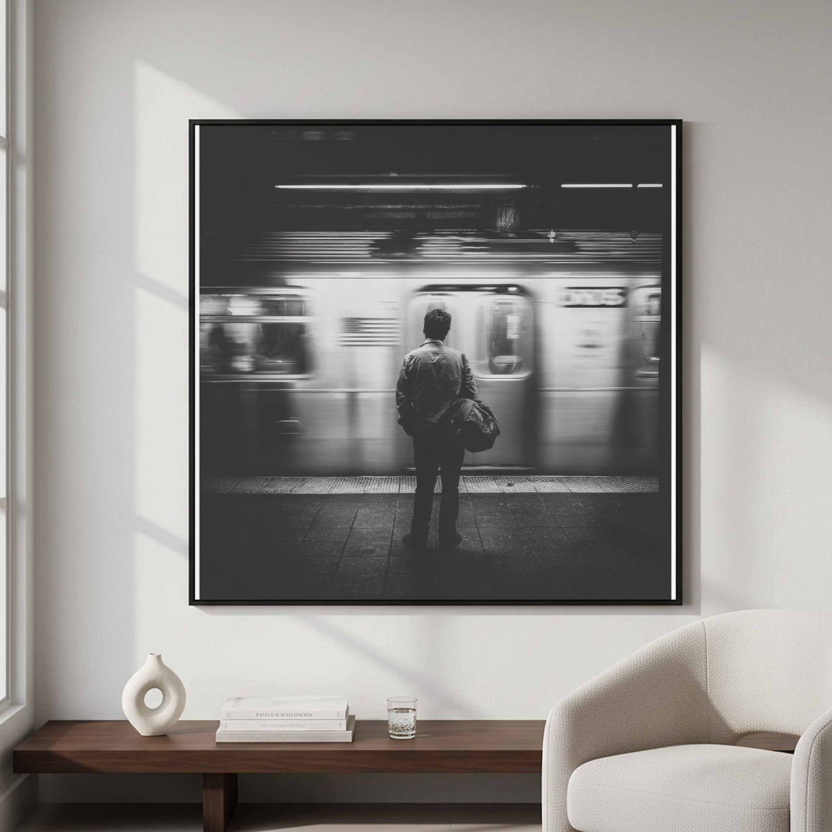 Black &amp; White NYC Subway Wall Art – styled room view 3