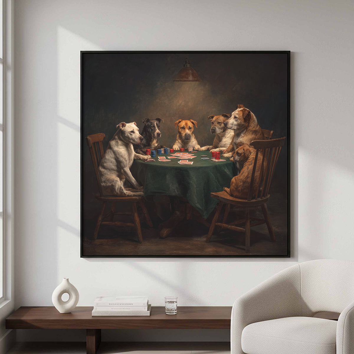 Dogs Playing Poker Canvas Wall Art – styled room view 5
