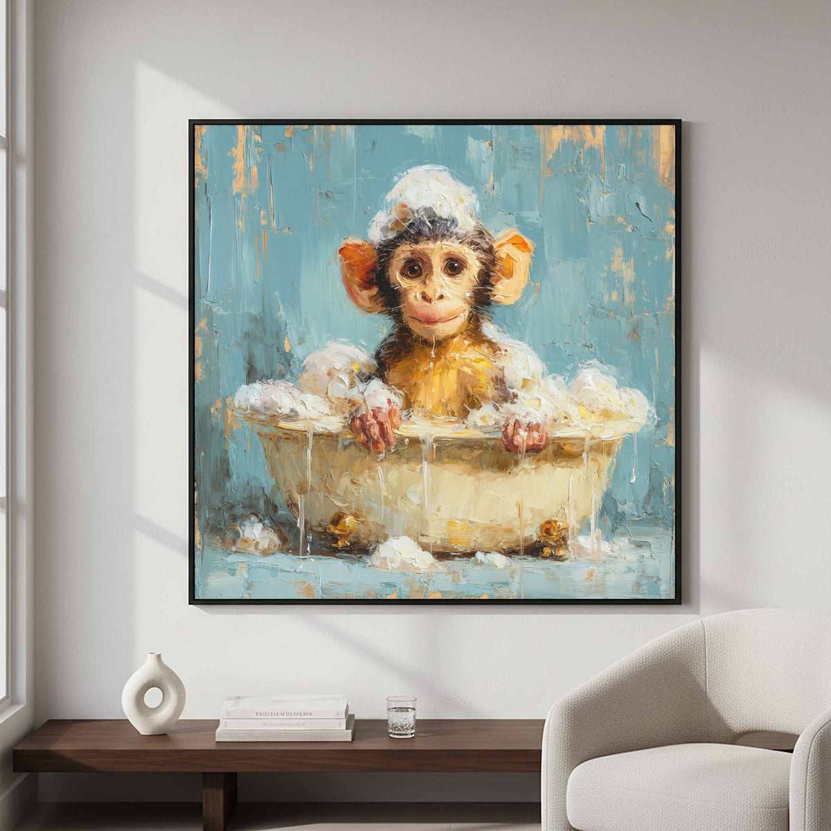 Young Monkey Bathtub Print – styled room view 5
