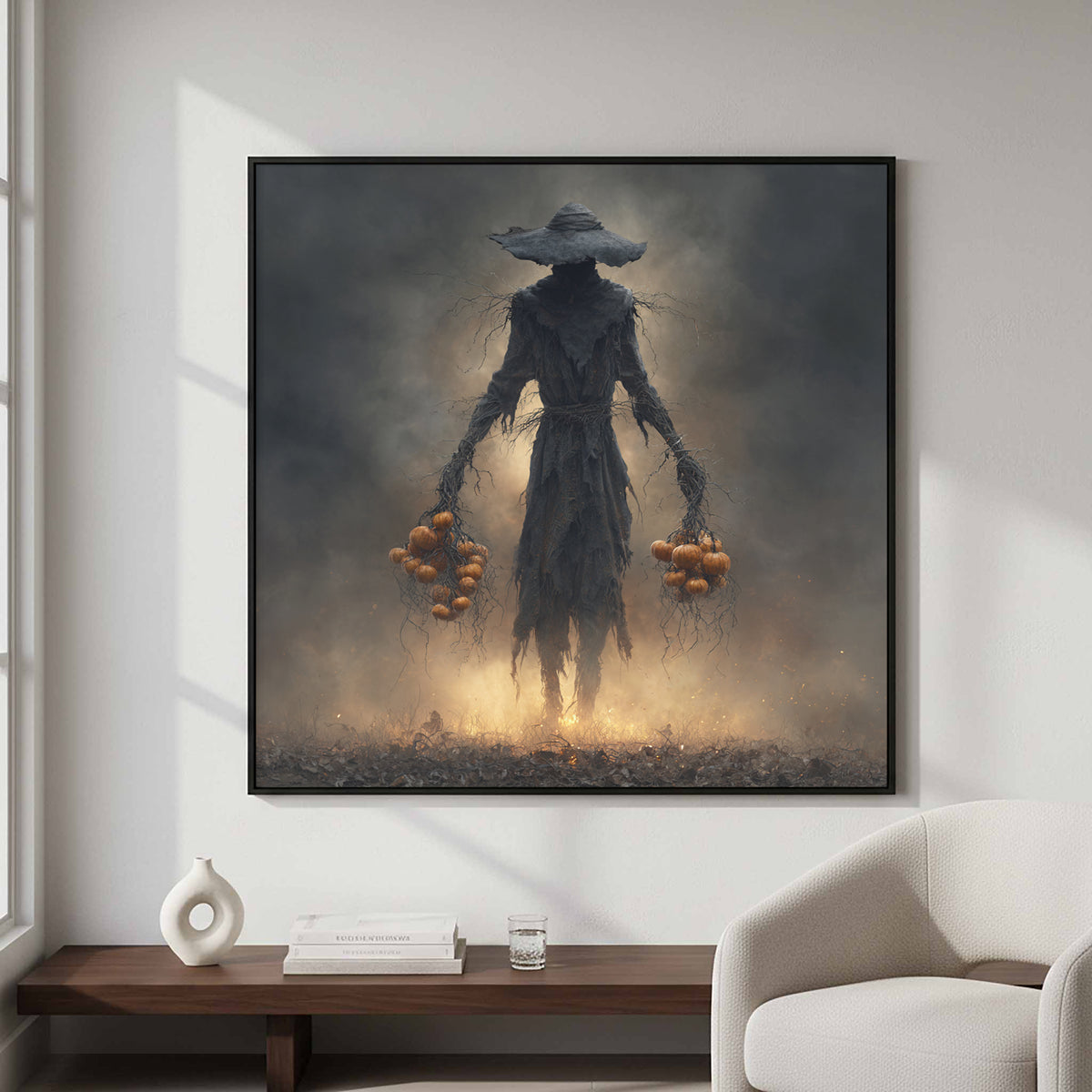 Dark Fantasy Scarecrow Canvas Art – styled room view 2