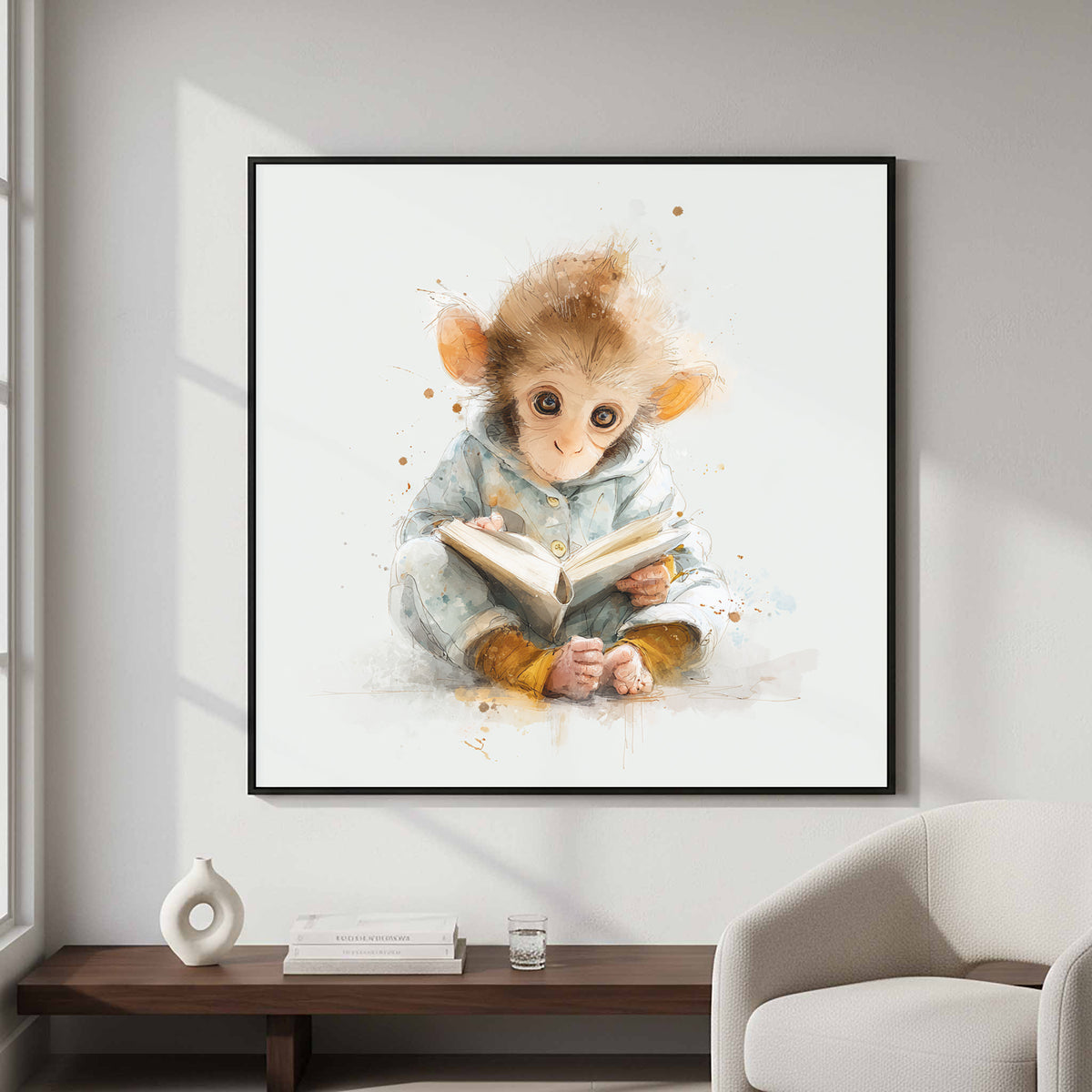 Baby Monkey Reading Wall Art – styled room view 5