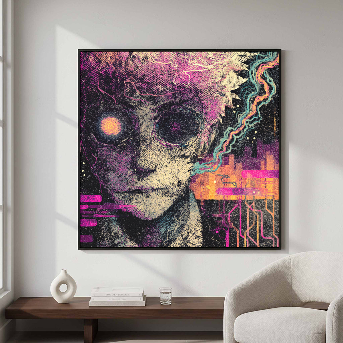 Surreal Cyberpunk Face Canvas Wall Art – styled room view 3