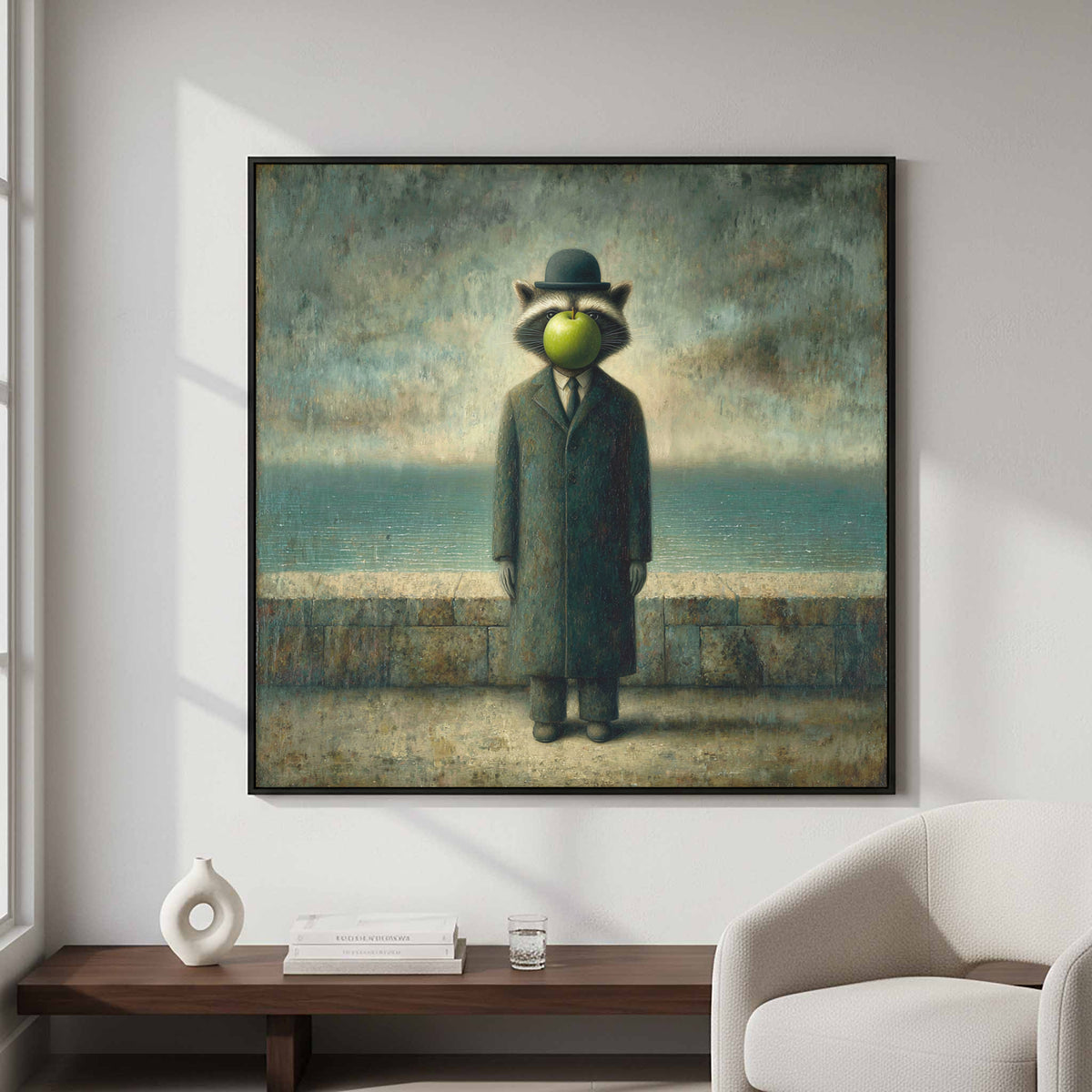 Surreal Raccoon Canvas Art – styled room view 4