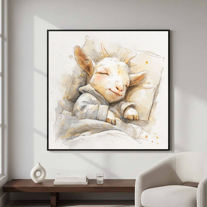 Sleeping Baby Goat Canvas Art – styled room view 5