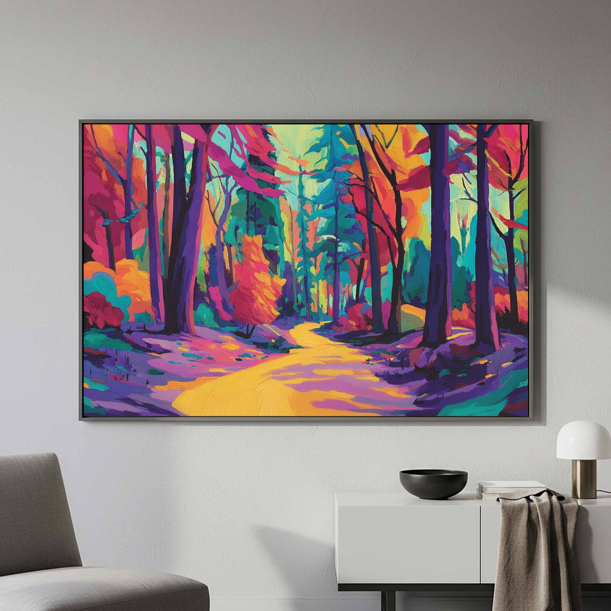 Colorful Forest Path Canvas Art – styled room view 5