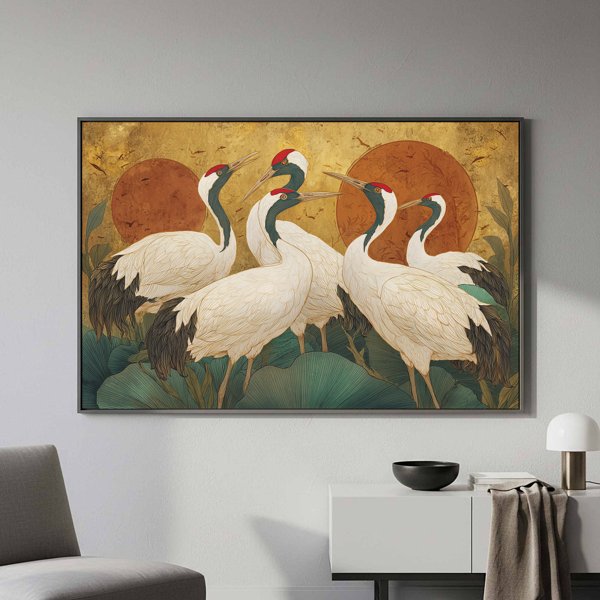 Elegant Crane Art Print – styled room view 4
