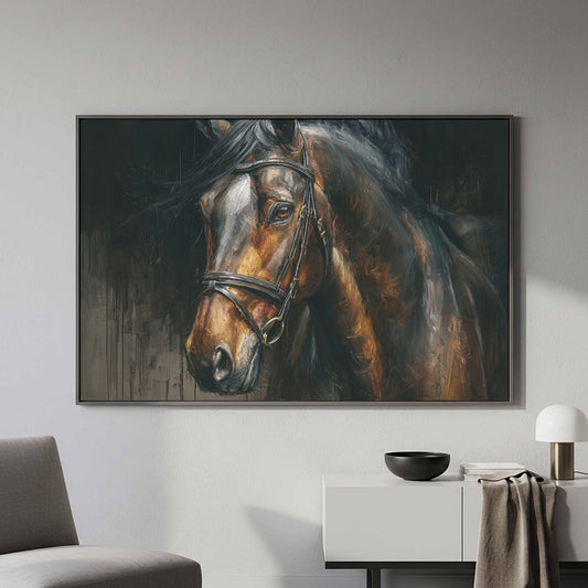 Dramatic Horse Portrait Wall Art – canvas print shown framed in a styled room
