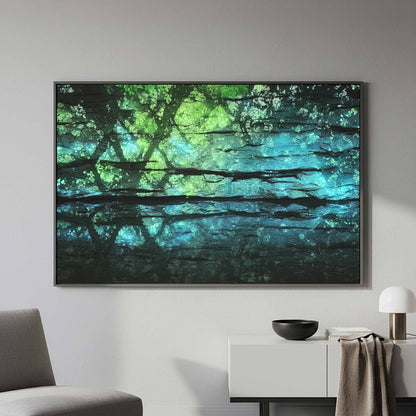 Illuminated Cave Wall Art – canvas print shown framed in a styled room
