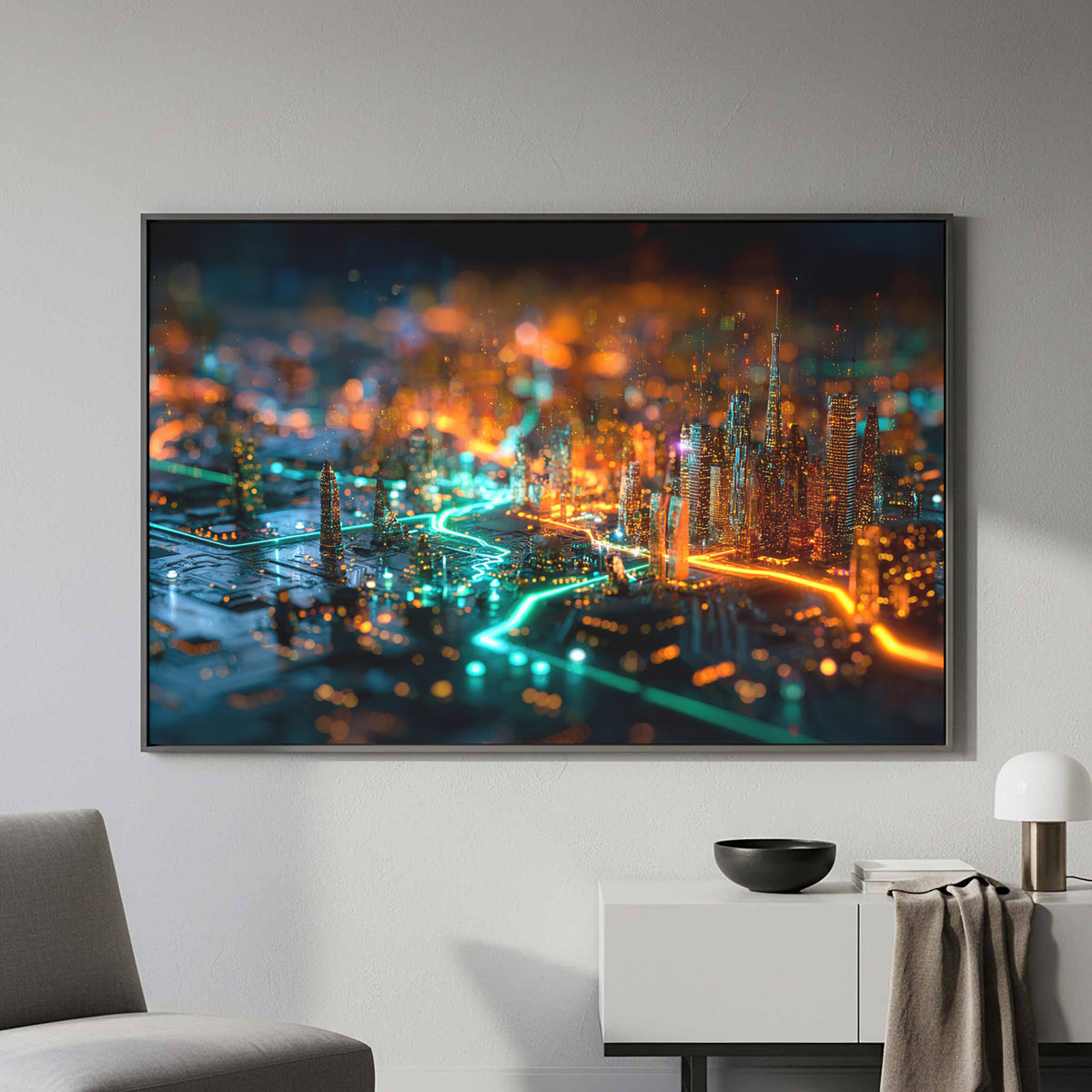 Cyberpunk Circuit Board Canvas Print – canvas print shown framed in a styled room