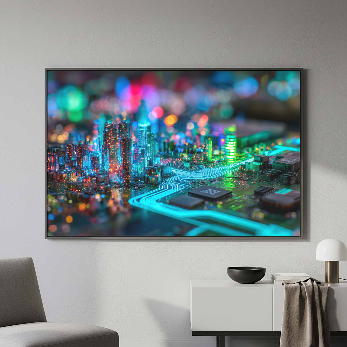 Cyberpunk Circuit Board Canvas Print – canvas print shown framed in a styled room