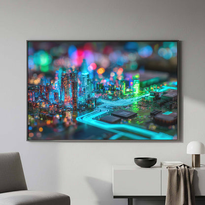 Cyberpunk Circuit Board Canvas Print – canvas print shown framed in a styled room