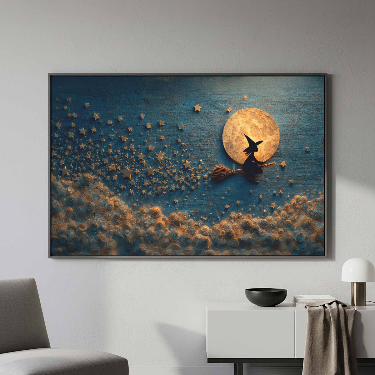 Cute Witch Canvas Wall Art – canvas print shown framed in a styled room