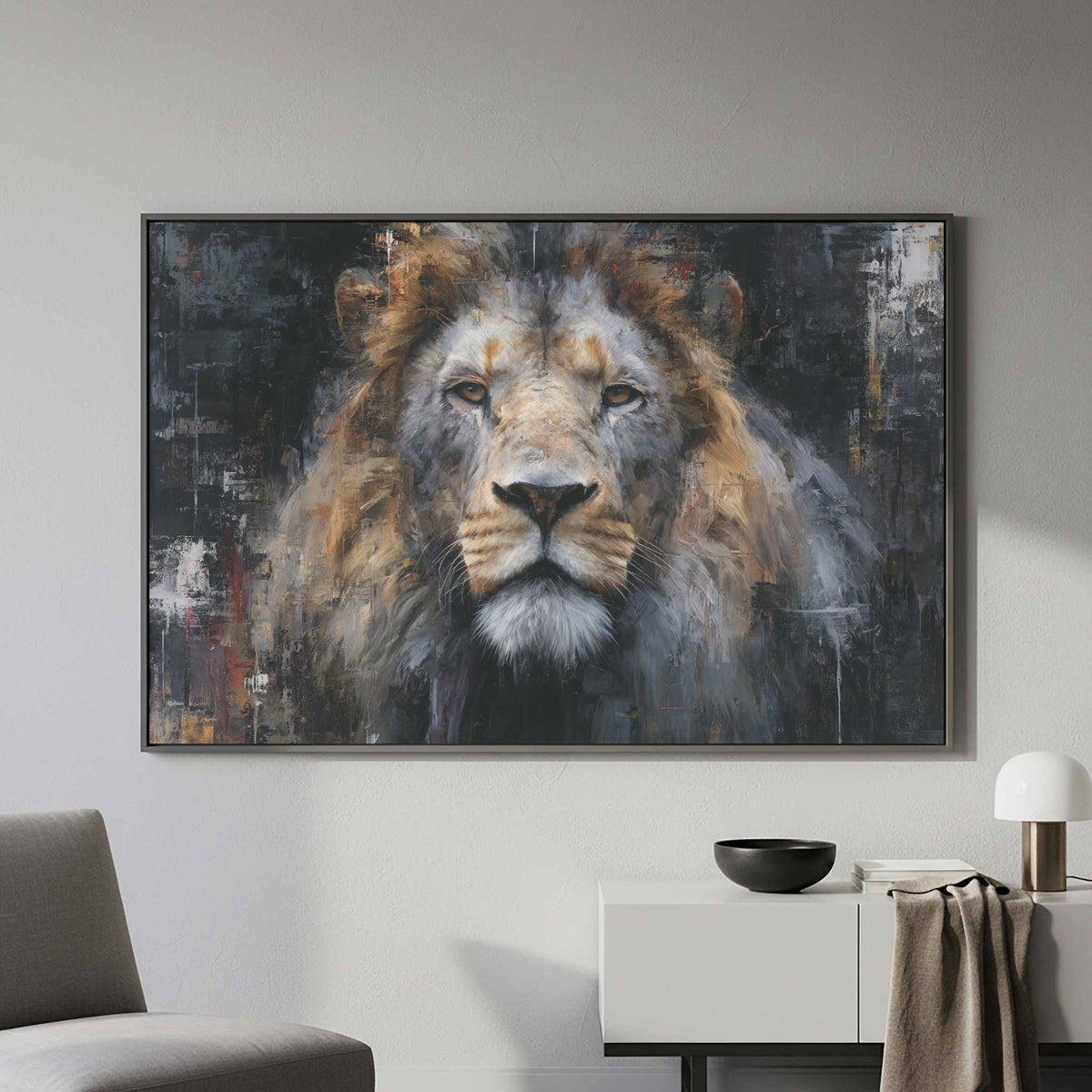 Modern Lion Portrait Canvas Wall Art – styled room view 4
