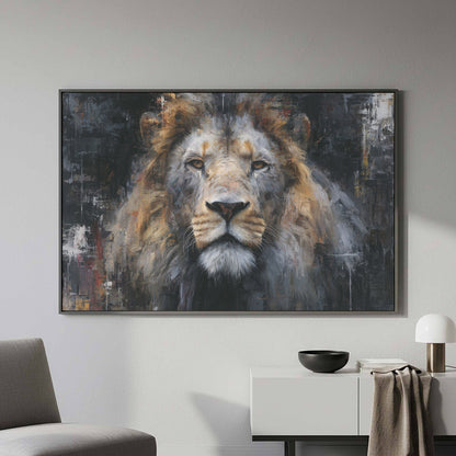 Modern Lion Portrait Canvas Wall Art – styled room view 4