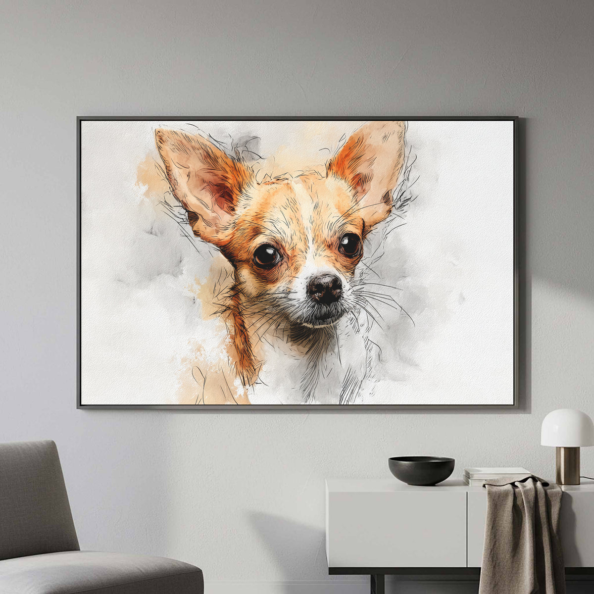 Chihuahua Portrait Canvas Wall Art – styled room view 3