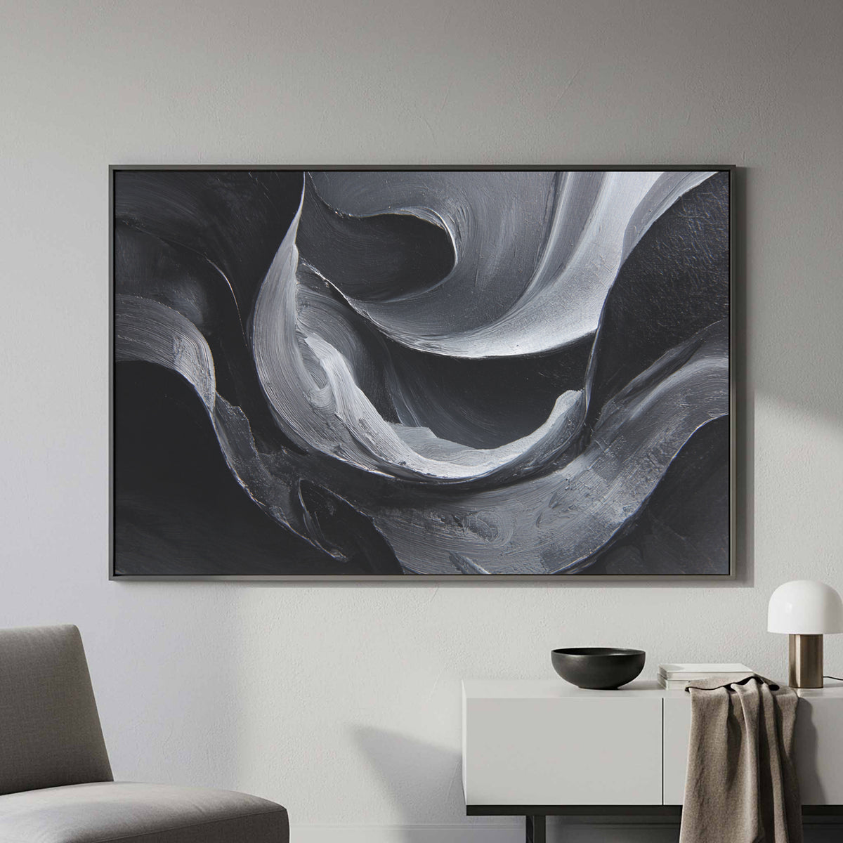Abstract Monochrome Figure Wall Art – styled room view 5