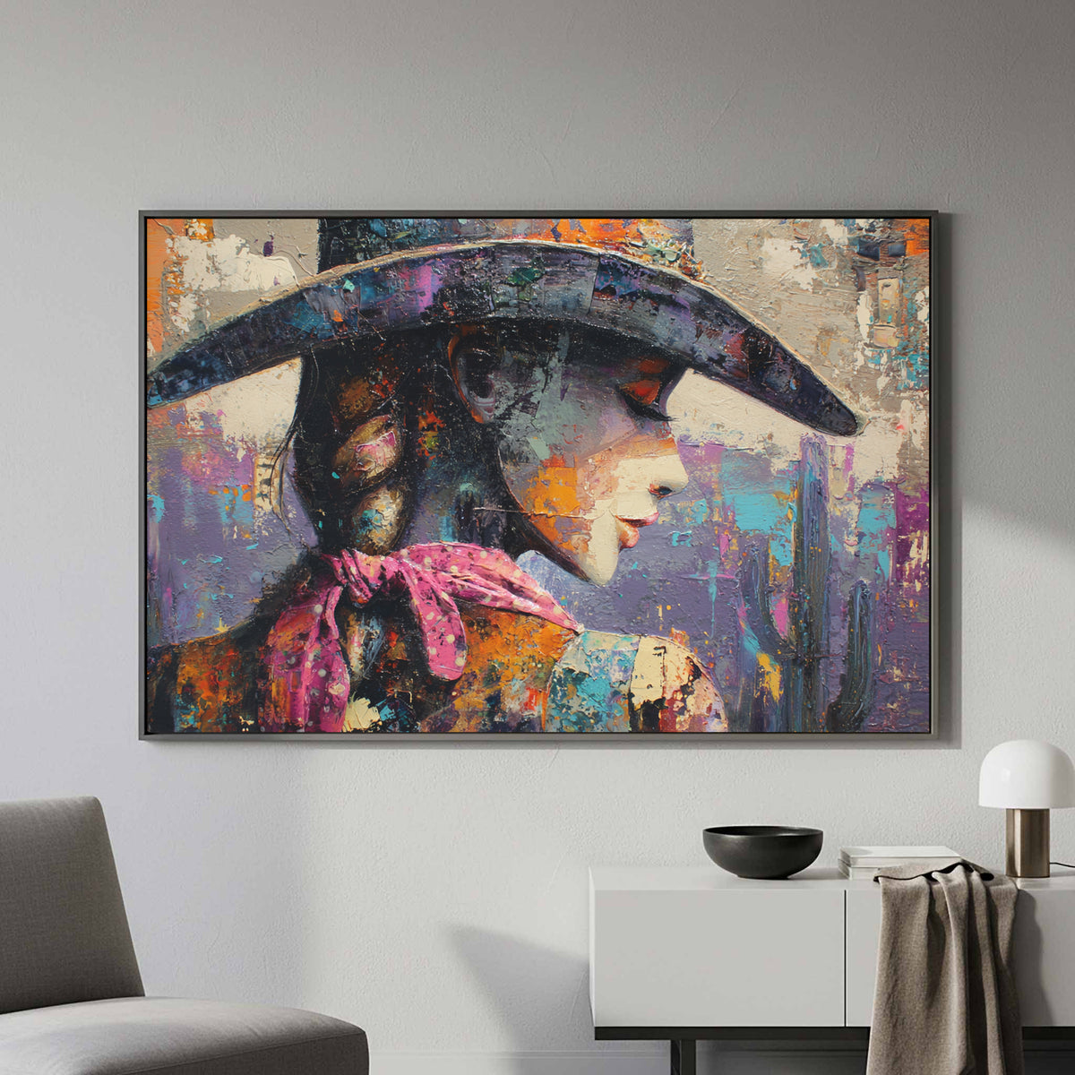 Abstract Western Cowgirl Canvas Print – styled room view 4