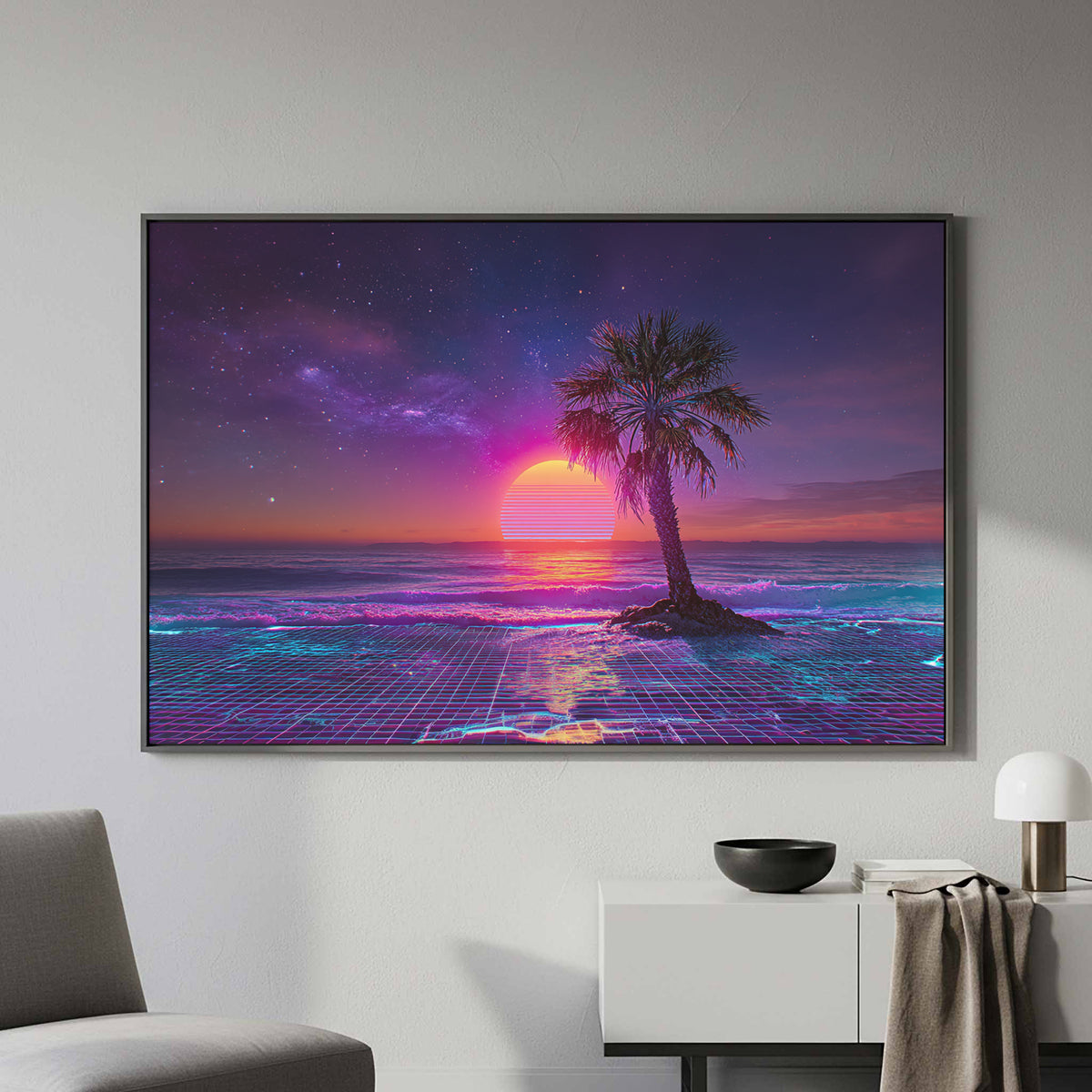 Synthwave Palm Beach Canvas Print – styled room view 2