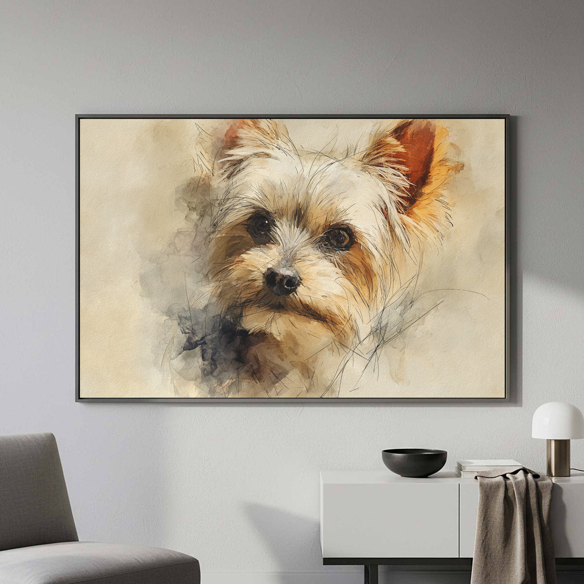 Yorkshire Terrier Watercolor Canvas Print – styled room view 3