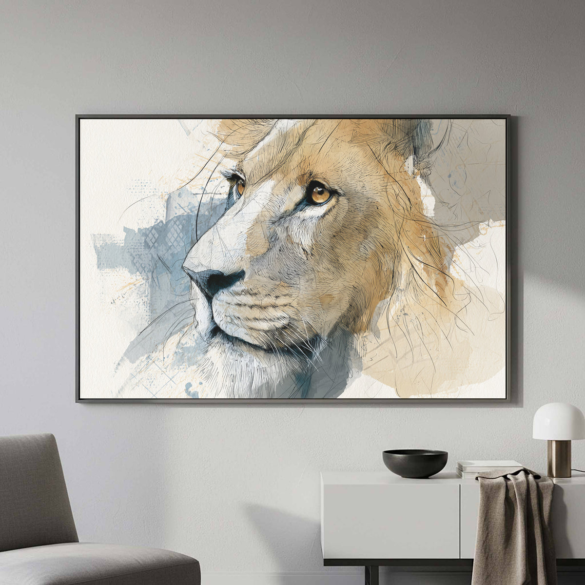 Lion Portrait Canvas Wall Art – styled room view 3