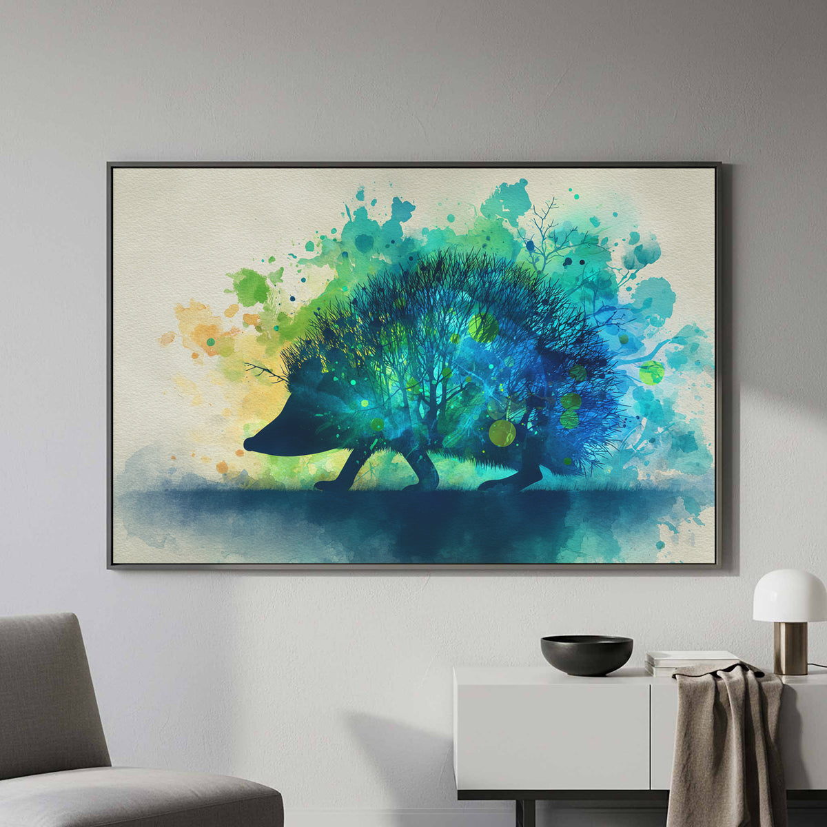 Hedgehog Watercolor Wall Art – styled room view 4