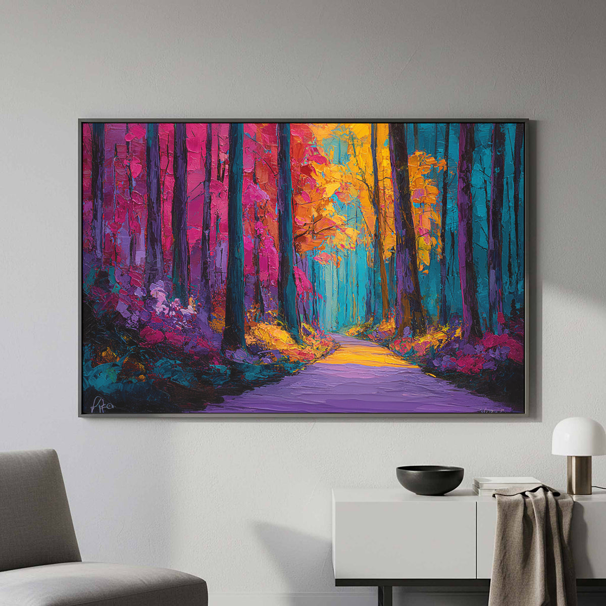 Abstract Forest Path Canvas Art – styled room view 3