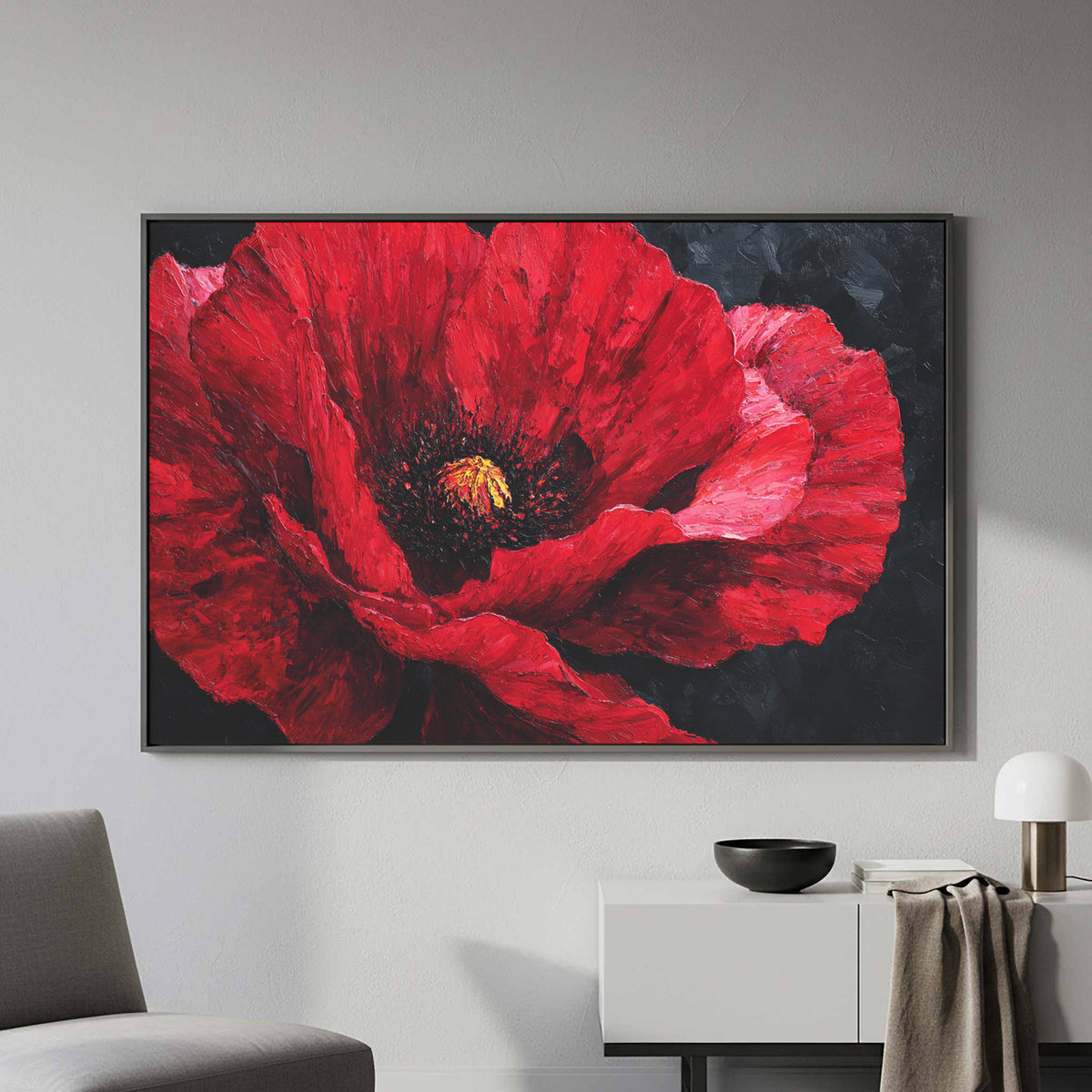 Red Poppy Canvas Wall Art – styled room view 3