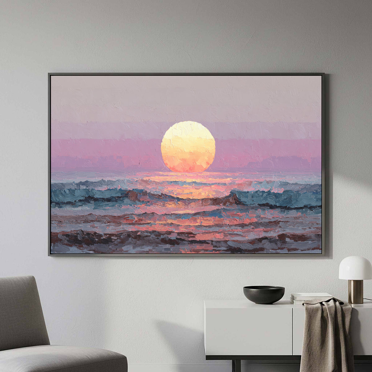 Vintage Coastal Sunset Canvas Wall Art – styled room view 3