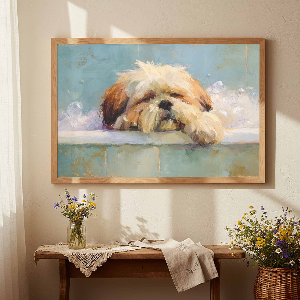Relaxing Shih Tzu Bath Wall Art – styled room view 4
