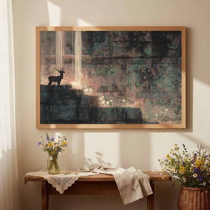 Cave Art Deer Silhouette Print – styled room view 5