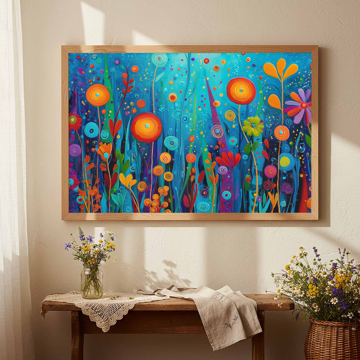 Colorful Abstract Garden Canvas Art – styled room view 4