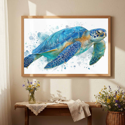 Blue Sea Turtle Watercolor Canvas Print – styled room view 4