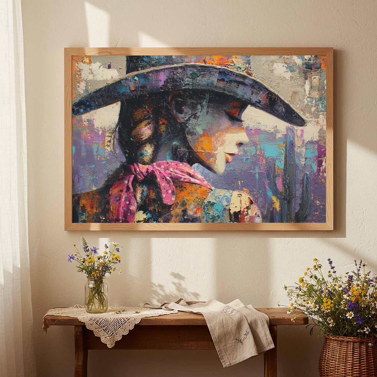 Abstract Western Cowgirl Canvas Print – styled room view 5