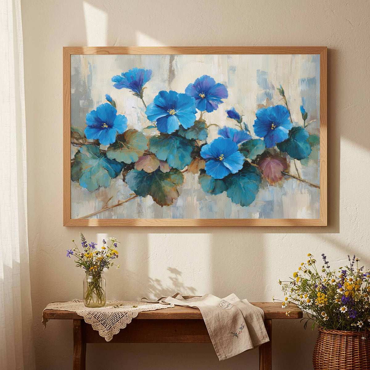 Blue Floral Canvas Wall Art – styled room view 4