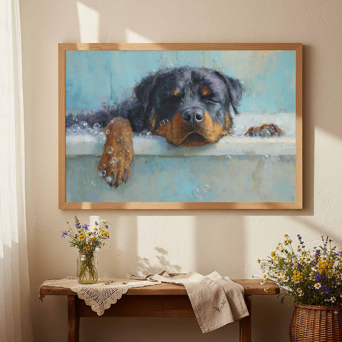 Rottweiler Bath Time Art Print – styled room view 4