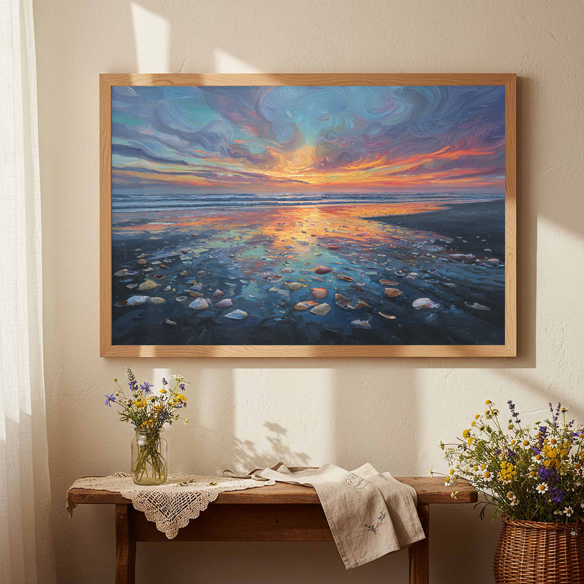 Sunset Beach Oil Painting Canvas Print – styled room view 5