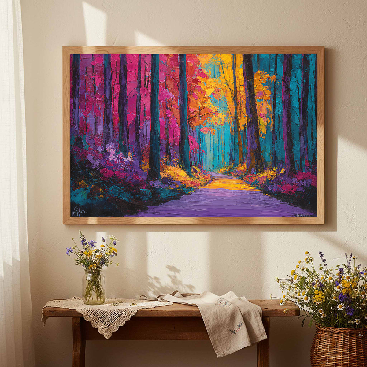 Abstract Forest Path Canvas Art – styled room view 4