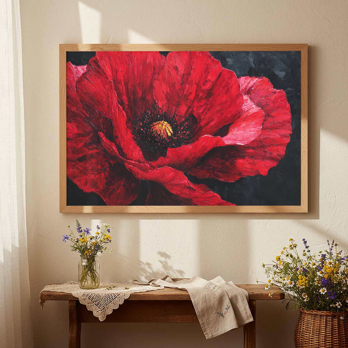 Red Poppy Canvas Wall Art – styled room view 4